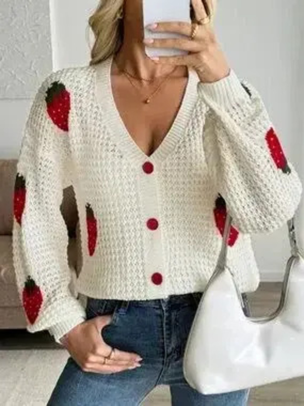 Strawberry Pattern V-Neck Button-Up Cardigan - Picture 4 of 9
